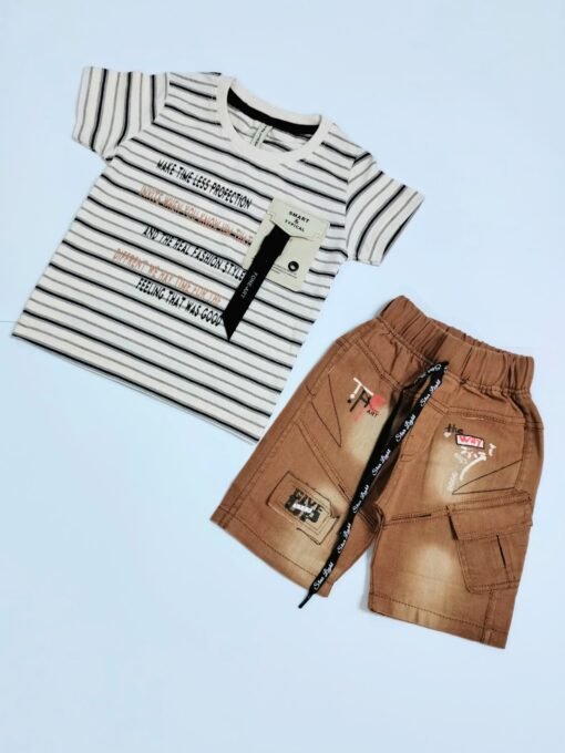 Summer Casual Outfit for Baby Boys – Soft Cotton Tee Shirt & Camel Jeans Pants Set - Image 5