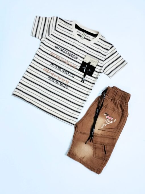 Summer Casual Outfit for Baby Boys – Soft Cotton Tee Shirt & Camel Jeans Pants Set - Image 3