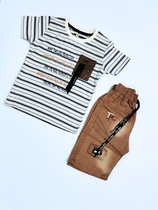 Summer Casual Outfit for Baby Boys – Soft Cotton Tee Shirt & Camel Jeans Pants Set - Image 2