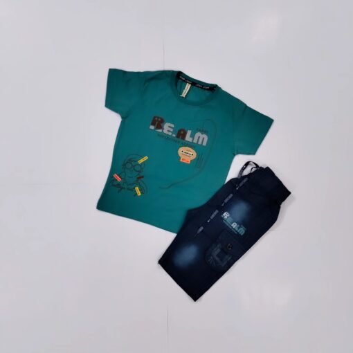 Summer T-Shirt with Printed Fancy Jeans Shorts Set for Babies & Kids - Image 2
