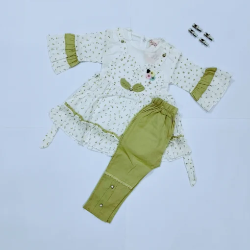 Light Green Floral Frock with Capri for Little Girls