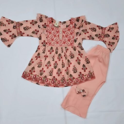 Peach Embroided Floral Frock For Little Girls - Image 6