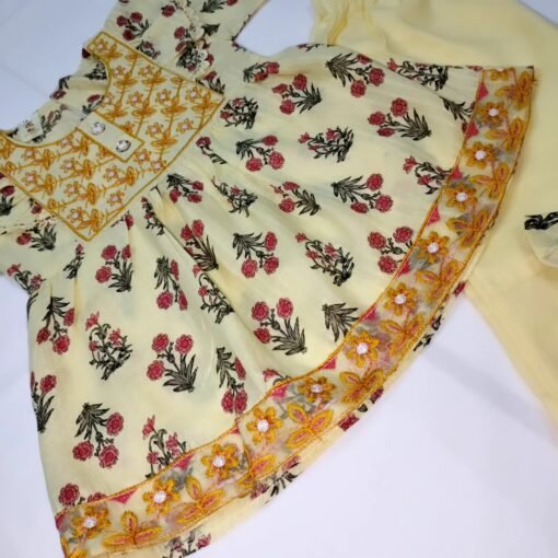 Light Yellow Embroided Floral Frock For Little Girls - Image 2
