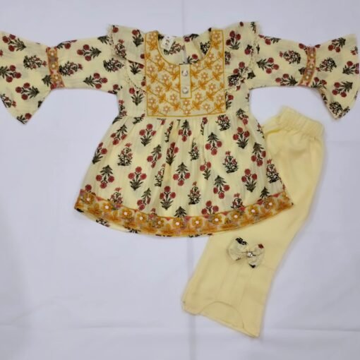 Light Yellow Embroided Floral Frock For Little Girls - Image 5