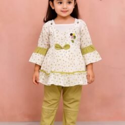 Light Green Floral Frock with Capri for Little Girls