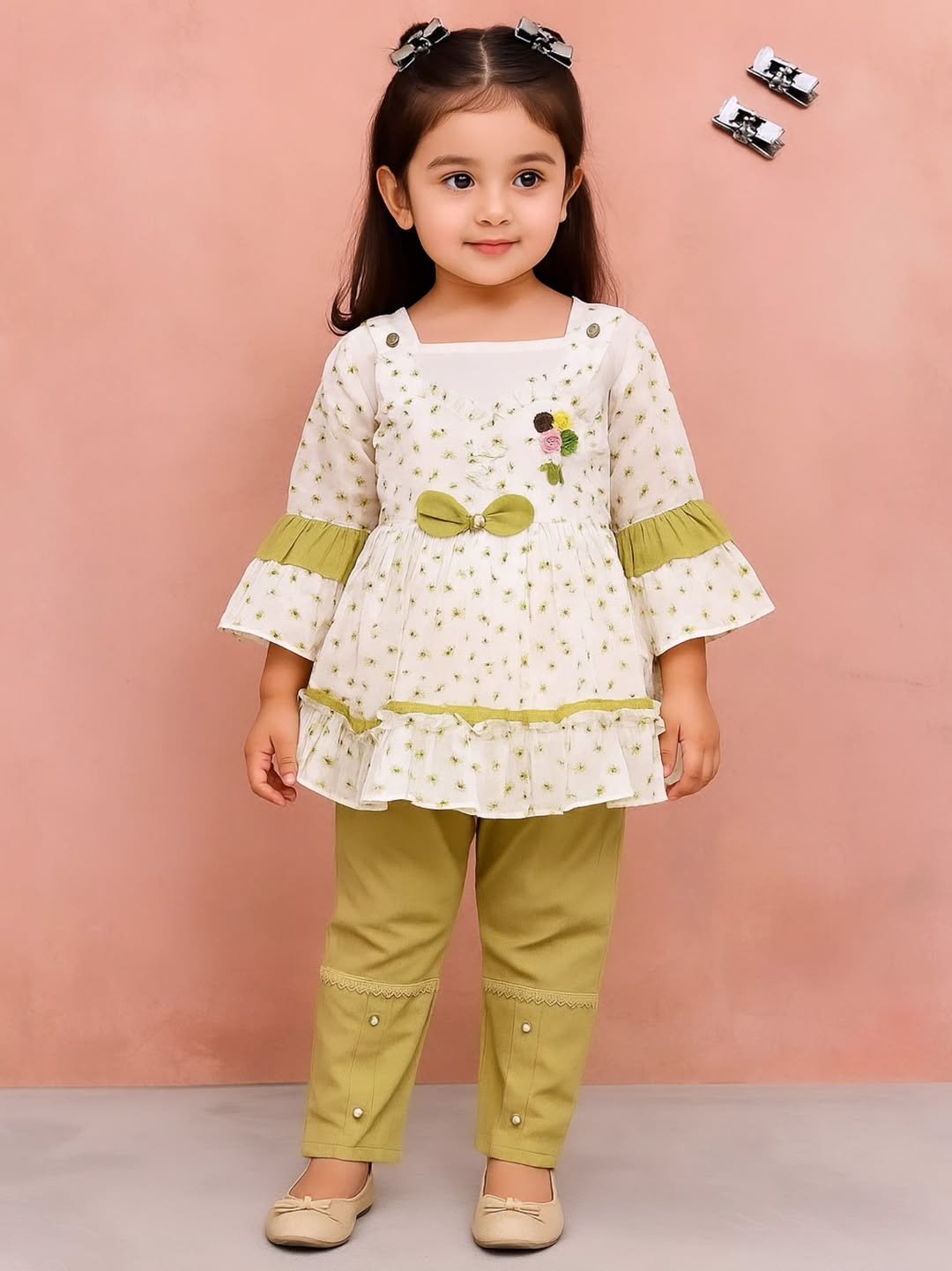 Light Green Floral Frock with Capri for Little Girls