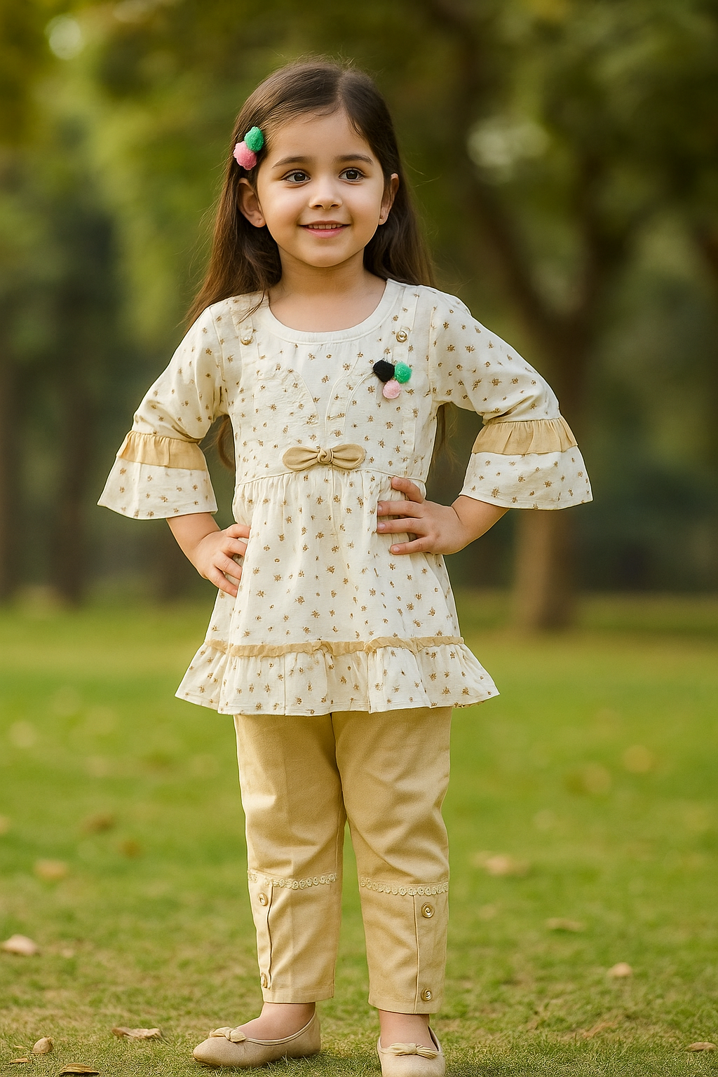 Creamy Floral Frock with Capri for Little Princess
